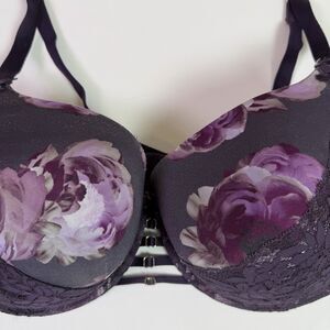 Cacique Boost Balconette Bra 42F Purple Floral Lace Padded Lift Underwire Sexy